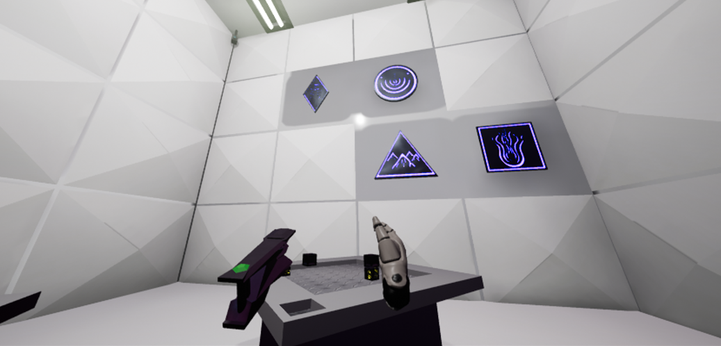 The lab puzzle with floating hands in VR and a white tiled room.